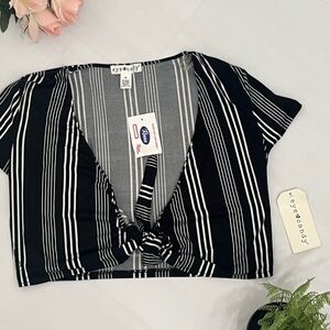 Eye Candy Black and White Tie Front Crop Blouse